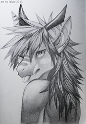 Size: 500x720 | Tagged: safe, artist:falvie, dragon, fictional species, reptile, scaled dragon, anthro, ambiguous gender, blep, bust, ear piercing, earring, looking at you, looking back, looking back at you, monochrome, one eye closed, piercing, portrait, simple background, solo, solo ambiguous, tongue, tongue out, traditional art, winking