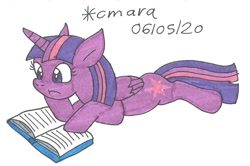 Size: 1091x723 | Tagged: safe, artist:cmara, twilight sparkle (mlp), alicorn, equine, fictional species, mammal, pony, feral, friendship is magic, hasbro, my little pony, book, female, fur, lying down, mare, solo, solo female, studying, traditional art