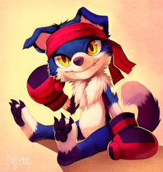 Size: 600x630 | Tagged: safe, artist:falvie, fictional species, gaomon, mammal, semi-anthro, digimon, 2013, 3 toes, amber eyes, ambiguous gender, bandanna, black claws, black paw pads, blue body, blue fur, boxing gloves, cheek fluff, claws, clothes, fangs, floppy ears, fluff, fur, gloves, looking at you, neck fluff, paw pads, paws, pink inner ear, purple nose, shaded, sharp teeth, simple background, sitting, solo, teeth, underpaw, yellow eyes