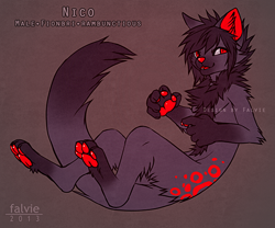 Size: 600x500 | Tagged: safe, artist:falvie, oc, oc:nico, canine, dog, fionbri, mammal, anthro, 2013, abstract background, black hair, chest fluff, fluff, fur, hair, leg fluff, male, open mouth, paw pads, paws, red eyes, red nose, solo, solo male, spotted fur, tail, text