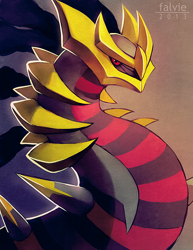 Size: 550x712 | Tagged: safe, artist:falvie, fictional species, giratina, legendary pokémon, feral, nintendo, pokémon, ambiguous gender, bust, looking at you, portrait, red eyes, simple background, solo, solo ambiguous, spikes, stripes, tendrils