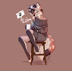 Size: 866x853 | Tagged: safe, artist:jennyfur, oc, oc only, canine, fox, mammal, anthro, digitigrade anthro, bench, cell phone, clothes, coffee, commission, dress, drink, female, fluff, fur, phone, signature, simple background, sitting, solo, solo female, sweater, sweater dress, tail, tail fluff, texting, topwear, vixen