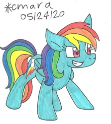 Size: 727x816 | Tagged: safe, artist:cmara, rainbow dash (mlp), equine, fictional species, mammal, pegasus, pony, feral, friendship is magic, hasbro, my little pony, female, grin, mare, smiling, solo, solo female, traditional art