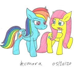 Size: 1146x1004 | Tagged: safe, artist:cmara, fluttershy (mlp), rainbow dash (mlp), equine, fictional species, mammal, pegasus, pony, feral, friendship is magic, hasbro, my little pony, duo, female, hooves, mare, open mouth, raised hoof, simple background, traditional art, white background