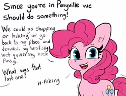 Size: 2732x2082 | Tagged: suggestive, artist:tjpones, pinkie pie (mlp), earth pony, equine, fictional species, mammal, pony, feral, friendship is magic, hasbro, my little pony, blushing, dialogue, english, female, high res, looking at you, mare, offscreen character, open mouth, open smile, propositioning, shivering, simple background, smiling, smiling at you, solo, solo female, subtle as a train wreck, talking, talking to viewer, tongue, vulgar, white background
