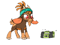 Size: 720x540 | Tagged: safe, artist:khenlos, shanty (tfh), bovid, goat, mammal, feral, them's fightin' herds, 2020, 2d, 2d animation, animated, bandanna, beard, boombox, clothes, cloven hooves, dancing, ears, facial hair, female, floppy ears, frame by frame, gif, goatee, grin, headbang, hooves, horns, meme, music, musical note, pirate, red eyes, signature, simple background, smiling, solo, solo female, torn ear, transparent background, ungulate