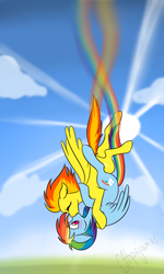 Size: 900x1500 | Tagged: source needed, safe, artist:calicopikachu, rainbow dash (mlp), spitfire (mlp), equine, fictional species, mammal, pegasus, pony, feral, friendship is magic, hasbro, my little pony, blushing, cloud, cloudy, contrail, cute, duo, duo female, eyes closed, falling, female, female/female, feral/feral, floppy ears, flying, hug, kissing, mare, rainbow, rainbow trail, shipping, signature, sky, spitdash (mlp), spread wings, sun, sunbeam, sunlight, sunshine, surprise kiss, surprised, tail, wide eyes, wings