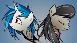 Size: 1920x1080 | Tagged: safe, artist:yikomega, edit, octavia melody (mlp), vinyl scratch (mlp), earth pony, equine, fictional species, mammal, pony, unicorn, feral, friendship is magic, hasbro, my little pony, 16:9, 2012, bow tie, clothes, color edit, duo, duo female, eyes closed, female, frowning, gimp, gradient background, horn, looking down, looking up, mare, messy mane, missing accessory, red eyes, sad, wallpaper