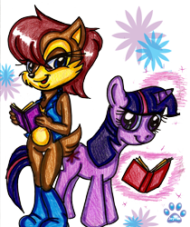 Size: 1700x2023 | Tagged: safe, artist:jayfoxfire, princess sally acorn (sonic), twilight sparkle (mlp), chipmunk, equine, mammal, pony, rodent, anthro, feral, archie sonic the hedgehog, friendship is magic, hasbro, my little pony, sega, sonic the hedgehog (series), 2012, book, crossover, duo, duo female, female
