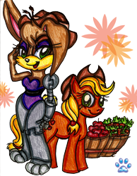 Size: 1700x2192 | Tagged: safe, artist:jayfoxfire, applejack (mlp), bunnie rabbot (sonic), equine, mammal, pony, anthro, feral, archie sonic the hedgehog, friendship is magic, hasbro, my little pony, sega, sonic the hedgehog (series), 2012, crossover, duo, duo female, female