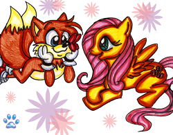 Size: 2153x1683 | Tagged: safe, artist:jayfoxfire, fluttershy (mlp), miles "tails" prower (sonic), arthropod, butterfly, canine, equine, fox, insect, mammal, pony, red fox, anthro, feral, friendship is magic, hasbro, my little pony, sega, sonic the hedgehog (satam), sonic the hedgehog (series), 2012, crossover, dipstick tail, female, fluff, male, multiple tails, orange tail, tail, tail fluff, two tails, white tail