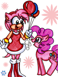 Size: 1663x2188 | Tagged: safe, artist:jayfoxfire, amy rose (sonic), pinkie pie (mlp), equine, mammal, pony, anthro, feral, friendship is magic, hasbro, my little pony, sega, sonic the hedgehog (series), 2012, balloon, crossover, duo, duo female, female, quills