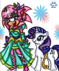 Size: 1694x2043 | Tagged: safe, artist:jayfoxfire, rarity (mlp), sonia the hedgehog (sonic), equine, mammal, pony, anthro, feral, friendship is magic, hasbro, my little pony, sega, sonic the hedgehog (series), sonic underground, 2012, crossover, duo, duo female, female