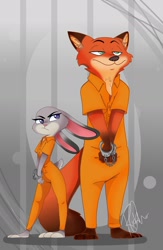 Size: 1280x1963 | Tagged: safe, artist:rick-elfen, judy hopps (zootopia), nick wilde (zootopia), canine, fox, lagomorph, mammal, rabbit, red fox, anthro, disney, zootopia, cheek fluff, clothes, commission, cuffs, duo, duo male and female, eyebrows, female, fluff, frowning, fur, gray background, gray body, gray fur, green eyes, grin, jumpsuit, lidded eyes, male, multicolored fur, prison outfit, prisoner, purple eyes, simple background, smiling