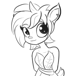 Size: 1280x1280 | Tagged: safe, artist:tjpones, elora (spyro), faun, fictional species, mammal, anthro, spyro the dragon (series), arms behind back, black and white, clothes, ear piercing, fangs, female, grayscale, monochrome, piercing, sharp teeth, simple background, smiling, solo, solo female, tail, teeth, white background