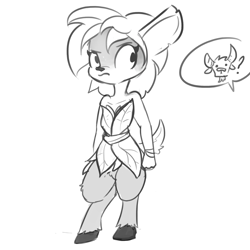 Size: 1280x1280 | Tagged: safe, artist:tjpones, elora (spyro), faun, fictional species, mammal, anthro, unguligrade anthro, spyro the dragon (series), clothes, confused, female, grayscale, hooves, looking sideways, monochrome, offscreen character, simple background, solo, solo female, speech bubble, tail, white background