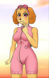 Size: 811x1280 | Tagged: safe, artist:buffbumblebee, skye (paw patrol), canine, cockapoo, dog, mammal, anthro, nickelodeon, paw patrol, black nose, breasts, clothes, collar, digital art, ears, eyelashes, female, fur, goggles, hair, looking at you, multicolored fur, older, pink eyes, simple background, solo, solo female, suit, tail, tan body, tan fur, tan tail, thighs, two toned body, two toned fur, wide hips