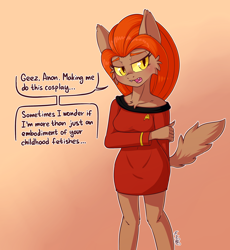 Size: 1280x1392 | Tagged: safe, artist:dsp2003, m'ress (star trek), winnie werewolf (scooby-doo), alien, caitian, canine, feline, fictional species, mammal, werewolf, anthro, hanna-barbera, scooby-doo (franchise), scooby-doo and the ghoul school, star trek, star trek the animated series, badge, blushing, breasts, cheek fluff, chest fluff, clothes, colored sclera, cosplay, crossover, dialogue, dress, fangs, female, fluff, gradient background, lidded eyes, looking at you, open mouth, sharp teeth, signature, slit pupils, solo, solo female, speech bubble, tail, talking, teeth, yellow eyes, yellow sclera