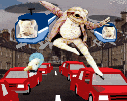 Size: 250x200 | Tagged: safe, artist:cyriak, amphibian, bird, duck, frog, mammal, pig, suid, waterfowl, anthro, aircraft, ambiguous gender, animated, car, city, cyriak, gif, helicopter, jumping, low res, not salmon, photomanipulation, vehicle, wat