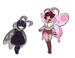 Size: 1950x1500 | Tagged: safe, artist:pixelhat, oc, oc only, oc:goth moth (pixelhat), oc:thot moth (pixelhat), arthropod, insect, moth, anthro, antennae, belly button, bottomwear, clothes, crop top, dress, duo, duo female, female, goth, heart, jewelry, legwear, necklace, shorts, siblings, simple background, sister, sisters, skirt, spread wings, stockings, striped clothes, striped legwear, thot, topwear, transparent background, wings