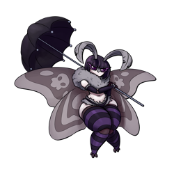 Size: 1500x1500 | Tagged: safe, artist:pixelhat, oc, oc only, oc:goth moth (pixelhat), arthropod, insect, moth, anthro, cc by-nc-sa, creative commons, arm sleeves, belly button, clothes, female, fluff, goth, holding, legwear, looking at you, panties, parasol, partial nudity, simple background, solo, solo female, spread wings, stockings, striped clothes, striped legwear, thick thighs, thighs, topless, transparent background, underwear, wide hips, wings