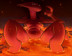 Size: 1925x1487 | Tagged: suggestive, artist:pixelhat, lucia (satina), demon, fictional species, anthro, cc by-nc-sa, creative commons, satina wants a glass of water, bath, belly button, breasts, fangs, female, fire, hell, horns, lava, looking at you, looking down, looking down at you, mature, mature female, nudity, rock, sharp teeth, smiling, solo, solo female, teeth, wings