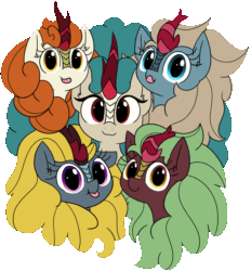 Size: 1523x1641 | Tagged: safe, artist:wafflecakes, autumn blaze (mlp), cinder glow (mlp), rain shine (mlp), sparkling brook (mlp), winter flame (mlp), equine, fictional species, kirin, mammal, feral, friendship is magic, hasbro, my little pony, 2d, 2d animation, :p, :t, animated, blinking, blowing raspberry, bust, c:, chest fluff, cute, female, females only, fluff, gif, happy, looking at you, mare, mlem, one of these things is not like the others, portrait, silly, simple background, smiling, tongue, tongue out, transparent background, wholesome