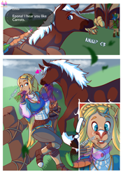 Size: 1468x2080 | Tagged: safe, artist:creamyowl, epona (zelda), link (zelda), princess zelda (zelda), elf, equine, fictional species, horse, hylian, mammal, feral, humanoid, comic:zelda's song gone wrong gone sexual, nintendo, the legend of zelda, against fence, blonde hair, blue eyes, bottomwear, bucket, carrot, clothes, day, dialogue, duo focus, eating, english, eyes closed, female, female focus, fence, food, group, hair, heart, herbivore, hooves, magic, mare, outdoors, pants, pointy ears, shirt, shoes, smiling, solo focus, surprised, talking, topwear, transformation, trio, vegetables