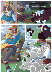 Size: 1468x2080 | Tagged: suggestive, artist:creamyowl, epona (zelda), princess zelda (zelda), elf, equine, fictional species, horse, hylian, mammal, anthro, feral, humanoid, comic:zelda's song gone wrong gone sexual, nintendo, the legend of zelda, arm above head, big breasts, blonde hair, blue eyes, breast expansion, breasts, bucket, butt expansion, carrot, cleavage, clothes, dialogue, duo, duo female, english, female, food, hair, humanoid to anthro, mare, nipple outline, open mouth, outdoors, shoes, tail, tail growth, talking, teat expansion, teats, torn clothes, transformation, tripping, vegetables