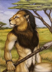 Size: 809x1116 | Tagged: suggestive, artist:teiirka, big cat, feline, lion, mammal, anthro, belly button, ear piercing, front view, fur, hair, hand hold, holding, looking sideways, male, mane, mature, mature male, outdoors, piercing, pubic hair, solo, solo male, spear, three-quarter view, traditional art, tree, weapon, white body, white fur, yellow body, yellow fur