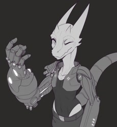 Size: 1483x1612 | Tagged: safe, artist:waga, oc, oc only, oc:ruste (waga), fictional species, kobold, reptile, anthro, ambiguous gender, prosthetic arm, prosthetics, solo, solo ambiguous
