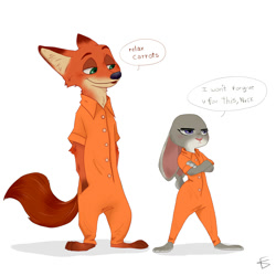 Size: 2000x2000 | Tagged: safe, artist:messy.packs, judy hopps (zootopia), nick wilde (zootopia), canine, fox, lagomorph, mammal, rabbit, red fox, anthro, disney, zootopia, clothes, duo, duo male and female, female, high res, male, prison outfit, prisoner