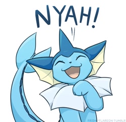 Size: 822x791 | Tagged: safe, artist:accelldraws, eeveelution, fictional species, mammal, vaporeon, feral, nintendo, pokémon, 2017, ambiguous gender, blue body, cute, digital art, eyes closed, fins, fish tail, happy, nyah, onomatopoeia, open mouth, simple background, solo, solo ambiguous, tail, text, white background
