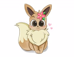 Size: 3100x2500 | Tagged: safe, artist:itskittyrosie, eevee, eeveelution, fictional species, mammal, feral, nintendo, pokémon, 2020, ambiguous gender, blushing, brown body, brown eyes, brown fur, digital art, flower, fluff, fur, heart, high res, looking at you, neck fluff, simple background, sitting, smiling, smiling at you, solo, solo ambiguous, tail, white background