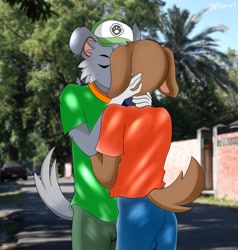 Size: 1220x1280 | Tagged: safe, artist:rex100, rocky (paw patrol), zuma (paw patrol), canine, dog, labrador, mammal, mutt, anthro, nickelodeon, paw patrol, black nose, brown body, brown fur, butt, clothes, collar, digital art, duo, duo male, ears, eyes closed, fur, gray body, gray fur, hair, hat, irl, kissing, male, male/male, males only, monochrome, multicolored fur, older, photo, shipping, tail, thighs, two toned body, two toned fur, white body, white fur