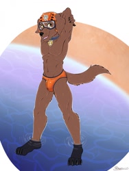 Size: 960x1280 | Tagged: suggestive, artist:marcushunter, zuma (paw patrol), canine, dog, labrador, mammal, anthro, digitigrade anthro, nickelodeon, paw patrol, armpits, arms behind head, beach, belly button, black nose, brown body, brown fur, butt, clothes, collar, digital art, ears, fur, goggles, golden eyes, hair, hat, male, ocean, older, open mouth, sand, solo, solo male, speedo, tail, thighs, water