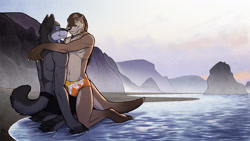Size: 1920x1080 | Tagged: suggestive, artist:tsaiwolf, oc, oc only, oc:glen (tsaiwolf), oc:kiva (tsaiwolf), canine, mammal, mustelid, otter, wolf, anthro, digitigrade anthro, 16:9, 2011, amber eyes, anthro/anthro, blue eyes, bulge, claws, clothes, duo, fur, male, males only, ocean, outdoors, partial nudity, paw pads, paws, scenery, scenery porn, speedo, swimsuit, tail, topless, wallpaper, water, whiskers