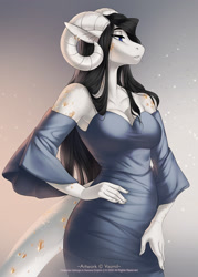 Size: 915x1280 | Tagged: safe, artist:yasmil, dragon, fictional species, anthro, 2020, abstract background, black hair, blue eyes, breasts, clothes, digital art, dress, female, hair, hand on hip, horns, long hair, side view, solo, solo female, tail, white body