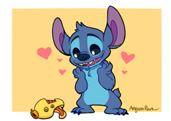 Size: 519x367 | Tagged: safe, artist:angoraram, stitch (lilo & stitch), alien, experiment (lilo & stitch), fictional species, semi-anthro, disney, lilo & stitch, 2018, blue body, blue claws, blue fur, blue nose, chest fluff, claws, colored pupils, fluff, fur, happy, head fluff, heart, looking down, open mouth, open smile, plasma blaster, plasma gun, short tail, simple background, smiling, solo, standing, tail, toe claws, weapon, white border, white pupils, yellow background