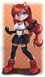 Size: 558x947 | Tagged: safe, artist:metalpandora, princess sally acorn (sonic), tifa lockheart (final fantasy), chipmunk, mammal, rodent, anthro, archie sonic the hedgehog, final fantasy, sega, sonic the hedgehog (series), square enix, 2019, belly button, belt, boots, border, bottomwear, breasts, clothes, cosplay, crossover, female, fingerless gloves, gloves, hair, long hair, looking at you, midriff, shoes, skirt, smiling, smiling at you, sneakers, solo, solo female, standing, tail, tank top, topwear, white border