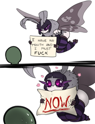 Size: 1500x1950 | Tagged: suggestive, artist:pixelhat, oc, oc only, oc:anon, oc:goth moth (pixelhat), arthropod, human, insect, mammal, moth, anthro, cc by-nc-sa, creative commons, antennae, arm sleeves, clothes, comic, duo, female, fluff, flying, goth, heart, heart eyes, horny, legwear, love heart, male, neck fluff, nervous, paper, spread wings, stockings, sweat, text, thick thighs, thighs, vulgar, wingding eyes, wings