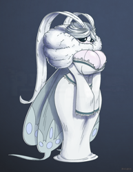 Size: 1280x1657 | Tagged: safe, artist:pixelhat, oc, oc only, oc:mother moth (pixelhat), arthropod, insect, moth, anthro, antennae, breasts, cleavage, clothes, dress, female, fluff, gradient background, huge breasts, mature, mature female, neck fluff, signature, solo, solo female, wide hips, wings