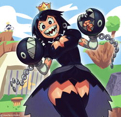 Size: 1386x1339 | Tagged: safe, artist:don, animal humanoid, bob-omb (mario), chain chomp, fictional species, mammal, monster, humanoid, cc by-nc-sa, creative commons, mario (series), nintendo, arm sleeves, breasts, chain chompette (mario), chains, choker, cleavage, clothes, cloud, crown, dress, duo, female, female focus, gradient outline, jewelry, king bob-omb (mario), legwear, looking at you, magical artifact, male, open mouth, outdoors, power star, regalia, rule 63, saliva, sharp teeth, signature, sky, smiling, solo focus, star, super crown, teeth, thigh highs, tree