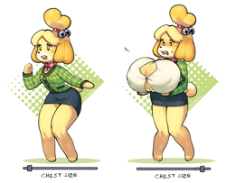 Size: 1320x1074 | Tagged: suggestive, artist:don, isabelle (animal crossing), canine, dog, mammal, shih tzu, anthro, plantigrade anthro, animal crossing, cc by-nc, creative commons, nintendo, blushing, bottomwear, breast expansion, breast hold, breasts, button popping, choker, cleavage, clothes, dot eyes, embarrassed, female, huge breasts, looking down, nipple outline, open mouth, shirt, signature, skirt, slider, smiling, solo, solo female, sweat, sweatdrop, tail, text, topwear, wide hips