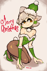 Size: 962x1466 | Tagged: safe, artist:don, marie (splatoon), animal humanoid, fictional species, inkling, mammal, mollusk, squid, humanoid, cc by-nc-sa, creative commons, nintendo, splatoon, arm sleeves, beauty mark, bedroom eyes, breasts, christmas, cleavage, clothes, ear piercing, earring, female, hat, high heels, holiday, kneeling, leotard, merry christmas, piercing, pointy ears, shoes, simple background, smiling, solo, solo female, tentacle hair, tentacles, text, white background
