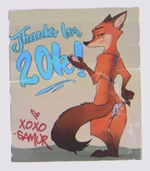 Size: 1682x1920 | Tagged: safe, alternate version, artist:spicysamur, nick wilde (zootopia), canine, fox, mammal, red fox, anthro, plantigrade anthro, disney, zootopia, 2020, black nose, bra, brown body, brown fur, butt, cell phone, cheek fluff, clothes, crossdressing, digital art, ears laid back, english text, fluff, fur, gloves (arm marking), hand hold, head fluff, holding, looking at you, looking back, looking back at you, male, neck fluff, orange body, orange fur, pale belly, panties, paw pads, paws, phone, rear view, signature, smartphone, smiling, smug, socks (leg marking), solo, solo male, speech bubble, standing, tail, tail aside, tail fluff, tan body, tan fur, underwear