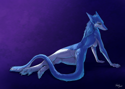 Size: 900x637 | Tagged: suggestive, artist:morpheuskibbe, oc, oc:kate (morpheuskibbe), fictional species, mammal, sergal, anthro, female, nudity, solo, solo female