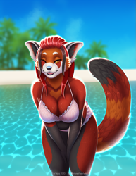 Size: 989x1280 | Tagged: safe, artist:wyla, oc, oc only, oc:moss (ragdollii), mammal, red panda, anthro, beach, bent over, bikini, black body, black fur, blurred background, breasts, brown body, brown fur, cheek fluff, clothes, colored sclera, day, detailed background, ear fluff, fangs, female, fluff, fur, hair, hand on thigh, looking at you, one eye closed, open mouth, orange eyes, outdoors, red hair, seaside, sharp teeth, shoreline, smiling, solo, solo female, swimsuit, tail, teeth, thighs, wet, winking, yellow sclera