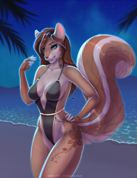 Size: 989x1280 | Tagged: safe, artist:wyla, oc, oc only, oc:zofia (shycyborg), mammal, rodent, squirrel, anthro, beach, blue eyes, breasts, brown hair, clothes, detailed background, eyebrows, eyelashes, female, fluff, fur, hair, hand on hip, long hair, looking at you, night, one-piece swimsuit, outdoors, pale belly, seaside, shoreline, shoulder fluff, solo, solo female, starry night, swimsuit, tail, tail fluff, tan body, tan fur, tattoo, whiskers