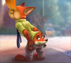 Size: 850x750 | Tagged: suggestive, artist:zen, edit, nick wilde (zootopia), canine, fox, mammal, red fox, anthro, plantigrade anthro, disney, zootopia, anal insertion, blurred background, butt, butt face, carrot, carrot pen, clothes, cursed image, face butt, fluff, food, fur, green eyes, improvised sex toy, insertion, male, mooning, necktie, not salmon, orange body, orange fur, pants, pants pulled down, paw pads, paws, pen, raised tail, sex toy, shirt, sidewalk, smiling, solo, solo male, street, tail, tail fluff, tan body, tan fur, topwear, vegetables, wat, what has magic done